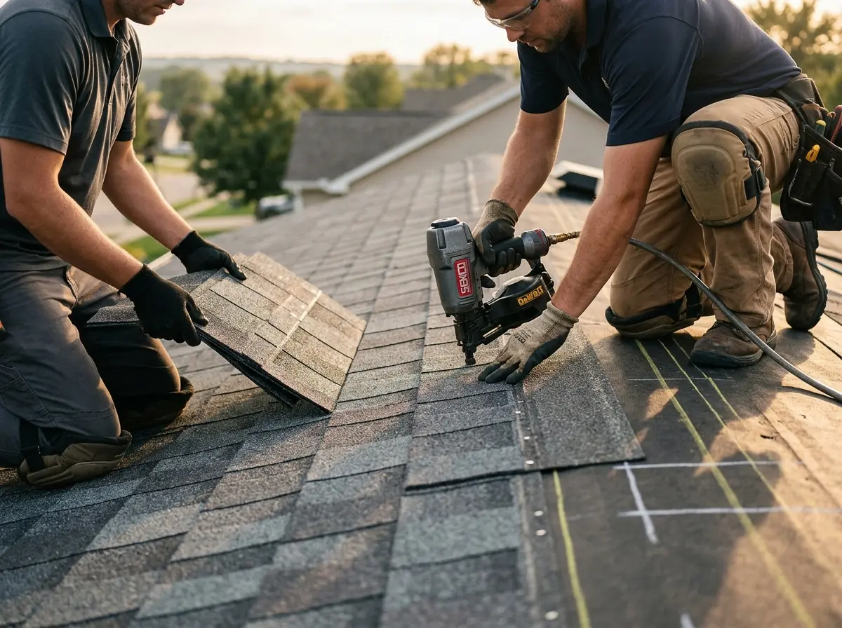 Professional roofer working on a residential roof in Prospect Park